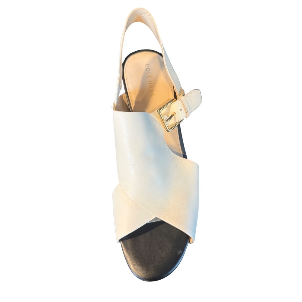 Cole Haan Womens White Leather Slingback Wedge Sandals Gold Buckle Peep Toe 9.5 - Picture 2 of 7